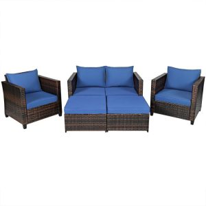 5 Pieces Patio Rattan Furniture Set with Removable Cushions Navy |   Patio Conversation Sets Outdoor & Patio Furniture Navy