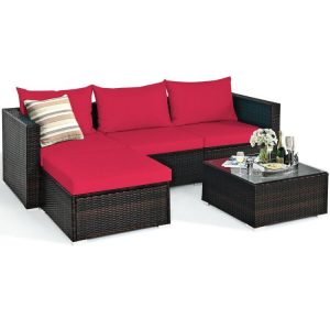 5 Pieces Patio Rattan Sectional Furniture Set with Cushions and Coffee Table Red |   Outdoor Sectionals Outdoor & Patio Furniture Outdoor Sectionals