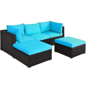 5 Pieces Patio Sectional Rattan Furniture Set with Ottoman Table Blue |   Outdoor Sectionals Outdoor & Patio Furniture Blue