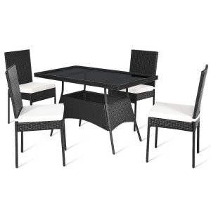 5 Pieces Rattan Dining Set with Glass Table and High Back Chair Black |   Patio Dining Sets Outdoor & Patio Furniture Black