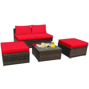 5 Pieces Wicker Lounge Chair Set with Washable Zippered Cushions Red |   Outdoor Sectionals Outdoor & Patio Furniture Outdoor Sectionals