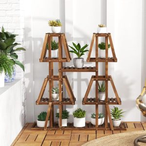 5-Tier 10 Potted Wood Plant Stand for Multiple Plants Brown |   Plant Stands Garden Brown