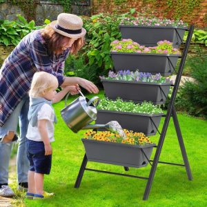 5-Tier Raised Garden Bed with Water Drainage for Flowers Vegetables Gray |   Raised Garden Beds Garden Gray