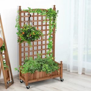 50 Inch Wood Planter Box with Trellis Mobile Raised Bed for Climbing Plant Natural |   Raised Garden Beds Garden Natural