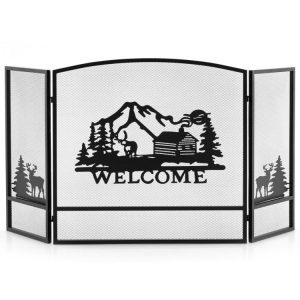 55 x 29.5 Inch Fireplace Screen with Natural Scenery and Moose Pattern Black |   Fireplace Tools Fireplace Tools Black