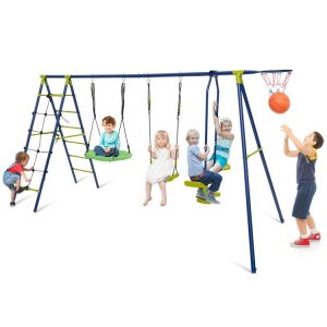 550 LBS 6-in-1 Patio Kids Swing Set with Climbing Net and Ladder Green |   Swing & Playsets Outdoor Play Green