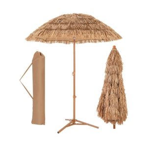 6.5 Feet Thatched Tiki Umbrella with Foldable Stand Push Button Tilt Natural |   Outdoor Umbrellas Outdoor Shades Natural