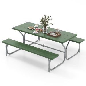 6 Feet Picnic Table Bench Set with HDPE Tabletop for 8 Person Green |   Patio Tables Outdoor & Patio Furniture Green