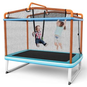 6 Feet Rectangle Trampoline with Swing Horizontal Bar and Safety Net Orange |   Trampolines Outdoor Play Orange