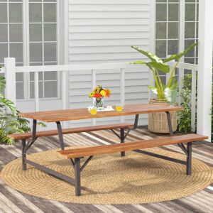 6-Person Outdoor Picnic Table and Bench Set with 2 Inch Umbrella Hole  |   Patio Tables Outdoor & Patio Furniture Patio Tables