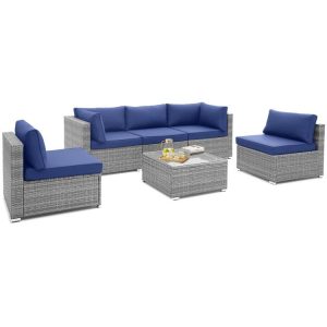 6 Piece Patio Conversation Sofa Set with Tempered Glass Coffee Table Navy |   Patio Conversation Sets Outdoor & Patio Furniture Navy