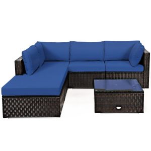 6 Pieces Outdoor Patio Rattan Sectional Sofa Set with Coffee Table Blue |   Outdoor Sectionals Outdoor & Patio Furniture Blue