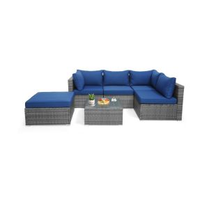 6 Pieces Outdoor Rattan Sofa Set with Seat and Back Cushions Navy |   Outdoor Sectionals Outdoor & Patio Furniture Navy