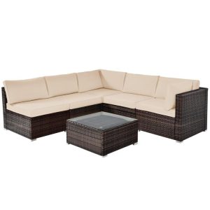 6 Pieces Patio Rattan Furniture Set with Cushions Brown |   Outdoor Sectionals Outdoor & Patio Furniture Brown