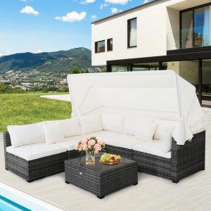 6 Pieces Patio Rattan Furniture Set with Retractable Canopy  |   Outdoor Sectionals Outdoor & Patio Furniture Outdoor Sectionals