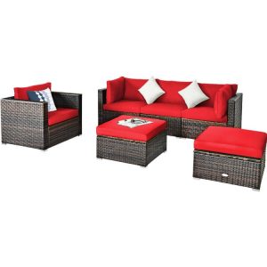 6 Pieces Patio Rattan Furniture Set with Sectional Cushion Red |   Outdoor Sectionals Outdoor & Patio Furniture Outdoor Sectionals