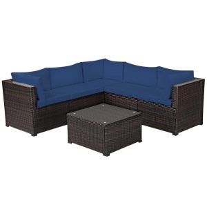 6 Pieces Rattan Patio Sectional Sofa Set with Cushions for 4-5 Person Navy |   Outdoor Sectionals Outdoor & Patio Furniture Navy