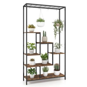 6-Tier Tall Plant Stand 71 Inch Metal Indoor Plant Shelf with 10 Hanging Hooks Rustic Brown |   Plant Stands Garden Plant Stands