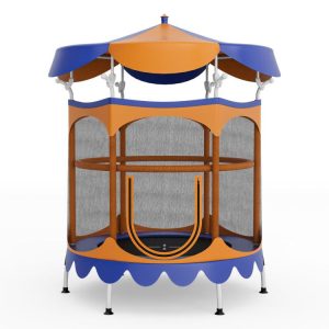 64 Inch Kids Trampoline with Detachable Canopy and Safety Enclosure Net Orange |   Trampolines Outdoor Play Orange