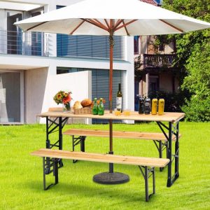 66.5 Inch Outdoor Wood Folding Picnic Table with Adjustable Heights Natural |   Patio Tables Outdoor & Patio Furniture Natural