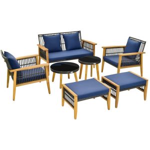 7 Piece Outdoor Conversation Set with Stable Acacia Wood Frame Cozy Seat & Back Cushions Navy |   Patio Conversation Sets Outdoor & Patio Furniture Navy