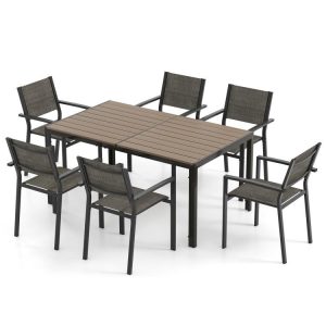 7 Piece Outdoor Dining Set with 6 Stackable Chairs and Large Rectangle Table Gray |   Patio Dining Sets Outdoor & Patio Furniture Gray