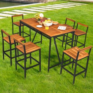 7 Pieces Acacia Wood Patio Rattan Bar Set with Umbrella Hole  |   Patio Dining Sets Outdoor & Patio Furniture Patio Dining Sets