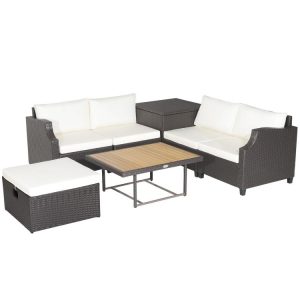 7 Pieces Hand-Woven Wicker Outdoor Furniture Set with Acacia Wood Coffee Table White |   Outdoor Sectionals Outdoor & Patio Furniture Outdoor Sectionals