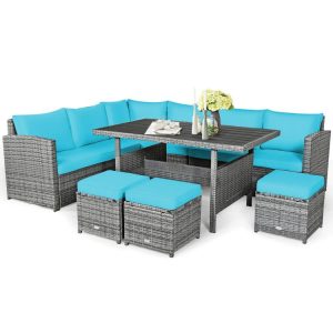 7 Pieces Outdoor Wicker Sectional Sofa Set with Dining Table Turquoise |   Outdoor Sectionals Outdoor & Patio Furniture Outdoor Sectionals