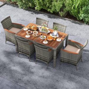 7 Pieces Patio Acacia Wood Cushioned PE Rattan Wicker Dining Set  |   Patio Dining Sets Outdoor & Patio Furniture Patio Dining Sets