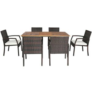 7 Pieces Patio Rattan Cushioned Dining Set with Umbrella Hole White |   Patio Dining Sets Outdoor & Patio Furniture Patio Dining Sets