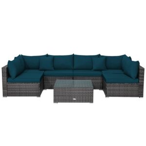 7 Pieces Patio Rattan Furniture Set with Sectional Sofa Cushioned Green |   Outdoor Sectionals Outdoor & Patio Furniture Green