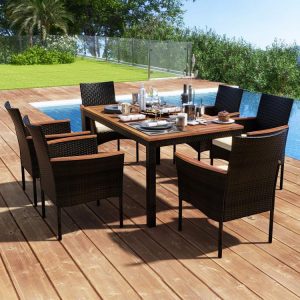 7 Pieces Rattan Patio Dining Set with Stackable Chairs and Umbrella Hole  |   Patio Dining Sets Outdoor & Patio Furniture Patio Dining Sets