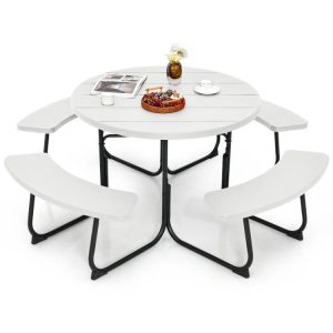 8-Person Outdoor Picnic Table and Bench Set with Umbrella Hole White |   Patio Tables Outdoor & Patio Furniture Patio Tables