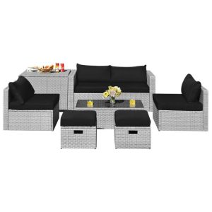 8 Pieces Patio Rattan Furniture Set with Storage Waterproof Cover and Cushion Black |   Outdoor Sectionals Outdoor & Patio Furniture Black