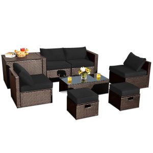 8 Pieces Patio Space-Saving Rattan Furniture Set with Storage Box and Waterproof Cover Black |   Outdoor Sectionals Outdoor & Patio Furniture Black