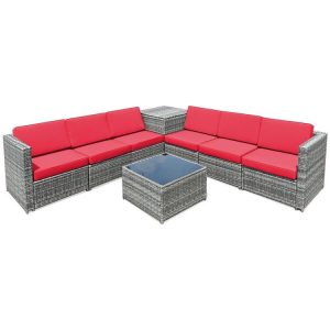 8 Pieces Wicker Sofa Rattan Dining Set Patio Furniture with Storage Table Red |   Outdoor Sectionals Outdoor & Patio Furniture Outdoor Sectionals