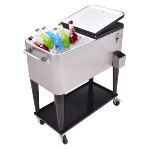 80 Quart Patio Rolling Stainless Steel Ice Beverage Cooler Black + Sliver |   Coolers Camping Black + Sliver