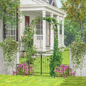 87 Inches Garden Arbor with Lockable Gate Side Planters Black |   Outdoor Decor Outdoor Black