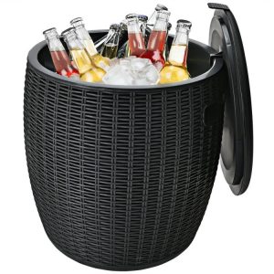 9.5 Gallon 4-in-1 Patio Rattan Cool Bar Cocktail Table Side Table  Black |   Coolers Camping Black