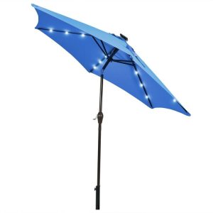 9 Feet Solar LED Lighted Patio Market Umbrella Tilt Adjustment Crank Lift Blue |   Outdoor Umbrellas Outdoor Shades Blue