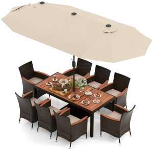 9 Piece Outdoor Dining Set with 15 Feet Double-Sided Twin Patio Umbrella Beige |   Patio Dining Sets Outdoor & Patio Furniture Beige