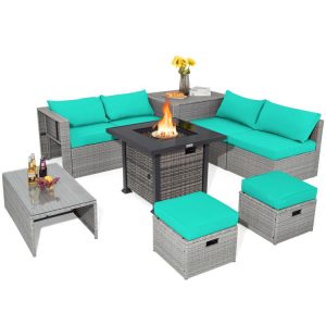 9 Pieces Outdoor Patio Furniture Set with 32-Inch Propane Fire Pit Table Turquoise |   Outdoor Sectionals Outdoor & Patio Furniture Outdoor Sectionals