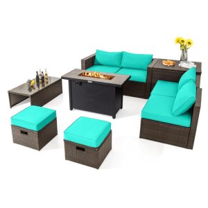 9 Pieces Outdoor Patio Furniture Set with 42 Inch Propane Fire Pit Table Turquoise |   Outdoor Sectionals Outdoor & Patio Furniture Outdoor Sectionals