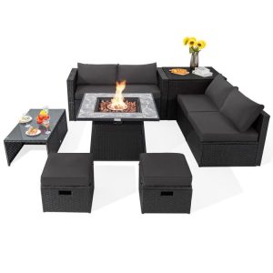 9 Pieces Outdoor Wicker Sectional with 35 Inch Gas Fire Pit Table Gray |   Outdoor Sectionals Outdoor & Patio Furniture Gray