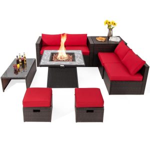 9 Pieces Patio PE Wicker Sectional Set with 50000 BTU Fire Pit Table Red |   Outdoor Sectionals Outdoor & Patio Furniture Outdoor Sectionals