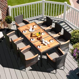 9 Pieces Rattan Dining Set with Acacia Wood Table and Stackable Cushioned Chairs  |   Patio Dining Sets Outdoor & Patio Furniture Patio Dining Sets