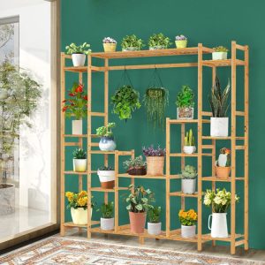 9-Tier Bamboo Plant Stand with Hanging Rack Natural |   Plant Stands Garden Natural