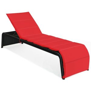 Adjustable Patio Rattan Lounge Chair with Cushioned Red |   Outdoor Chaise Lounges Outdoor & Patio Furniture Outdoor Chaise Lounges