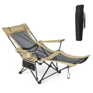 Camping Lounge Chair with Detachable Footrest Adjustable Backrest Khaki |   Camping Furniture Camping Camping Furniture